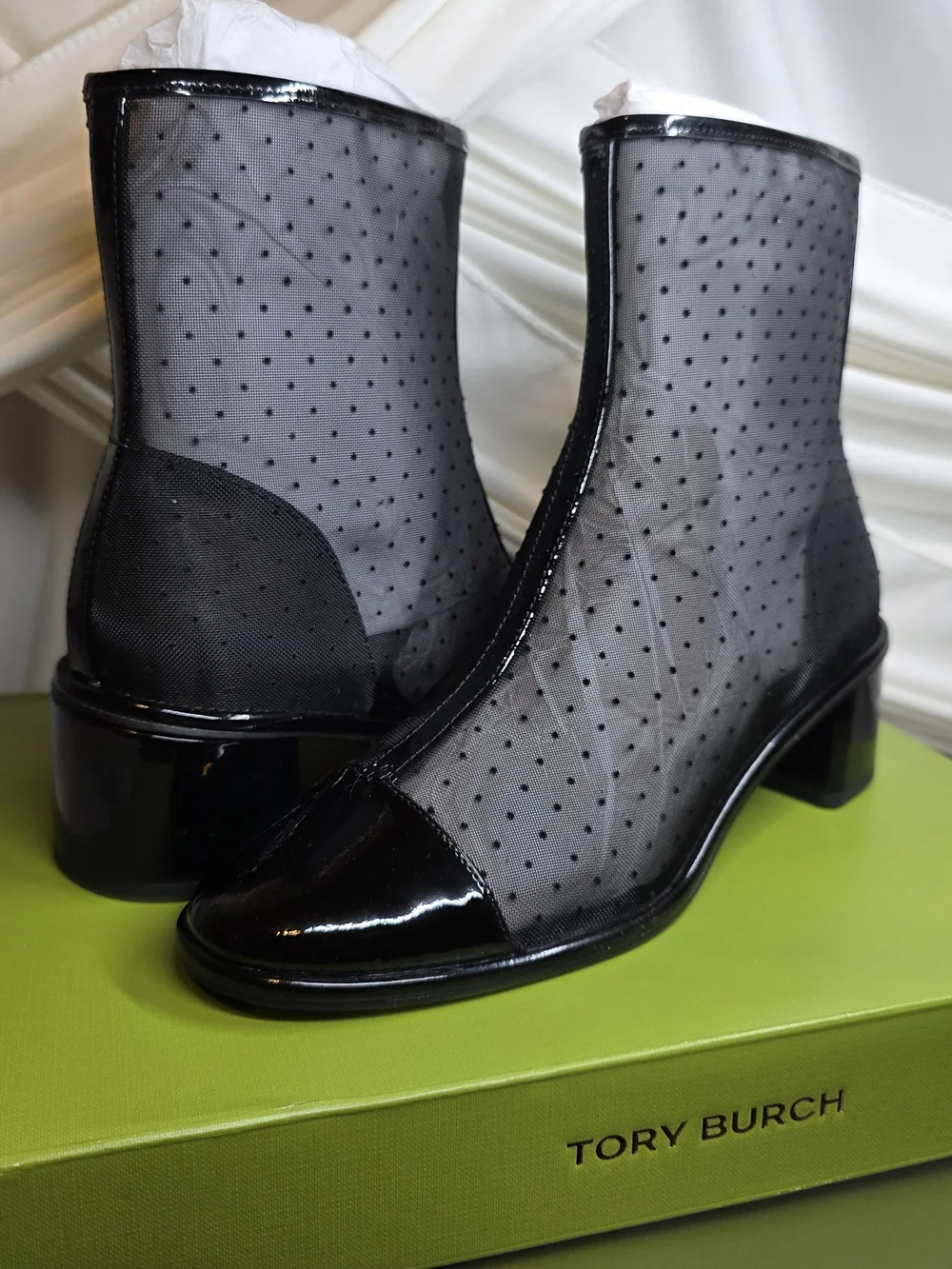 Tory Burch Black Sheer Polka Dot Ankle Boots NIB